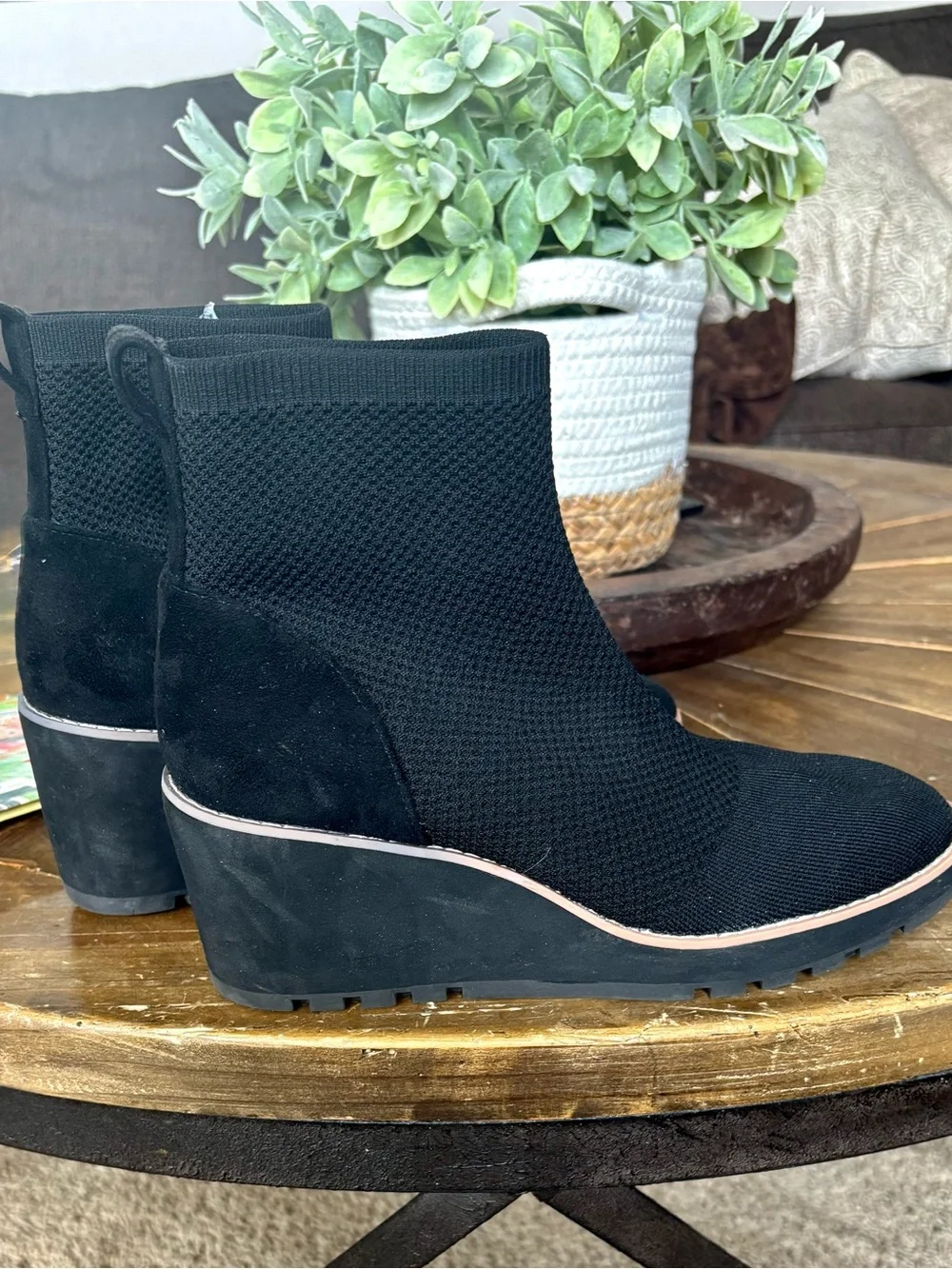 Anne Klein Black Knit Wedge Ankle Boots with Trim. Size 8